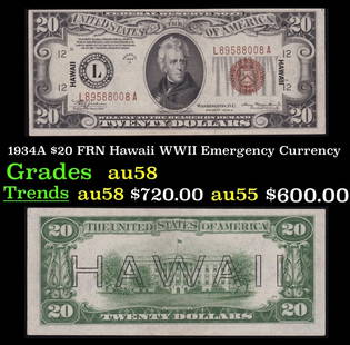 1934A $20 FRN Hawaii WWII Emergency Currency Grades Choice AU/BU Slider: 1934A $20 FRN Hawaii WWII Emergency Currency Grades Choice AU/BU Slider. FR-2305 out of 65 Million Hawaii Notes Printed Only about 16% were $20 Hawaii's. It was the darkest days of World War II, just