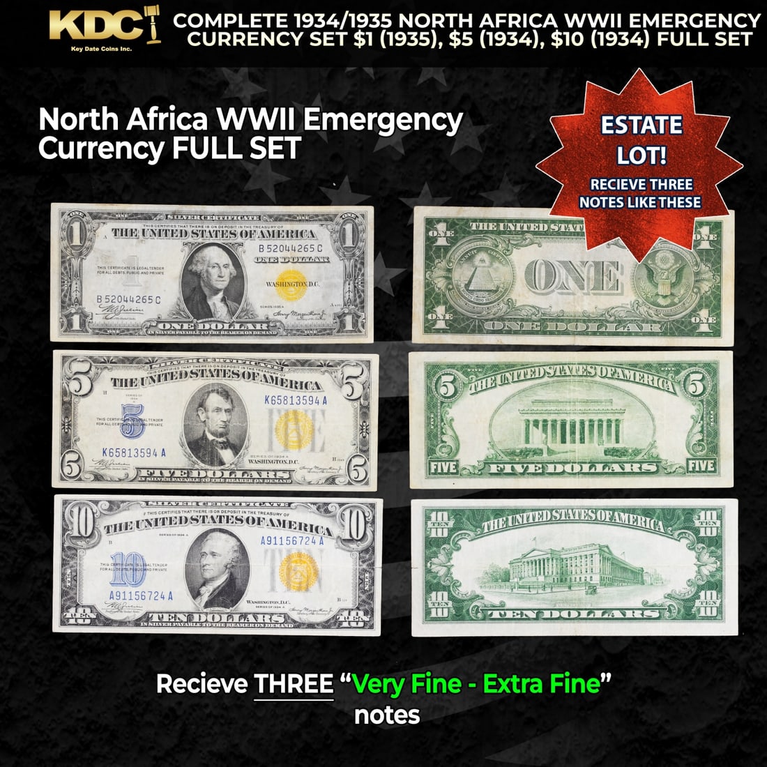 Complete 1934/1935 North Africa WWII Emergency Currency Set $1, $5, $10 FULL SET Grades VF/XF (1 of 1)