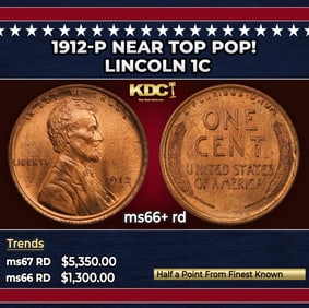 1912-p Lincoln Cent Near Top Pop! 1c ms66+ rd SEGS