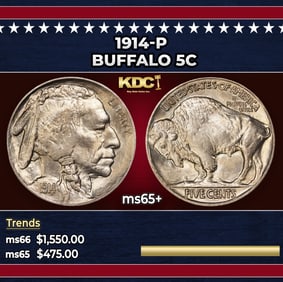 1914-p Buffalo Nickel 5c Grades ms65+
