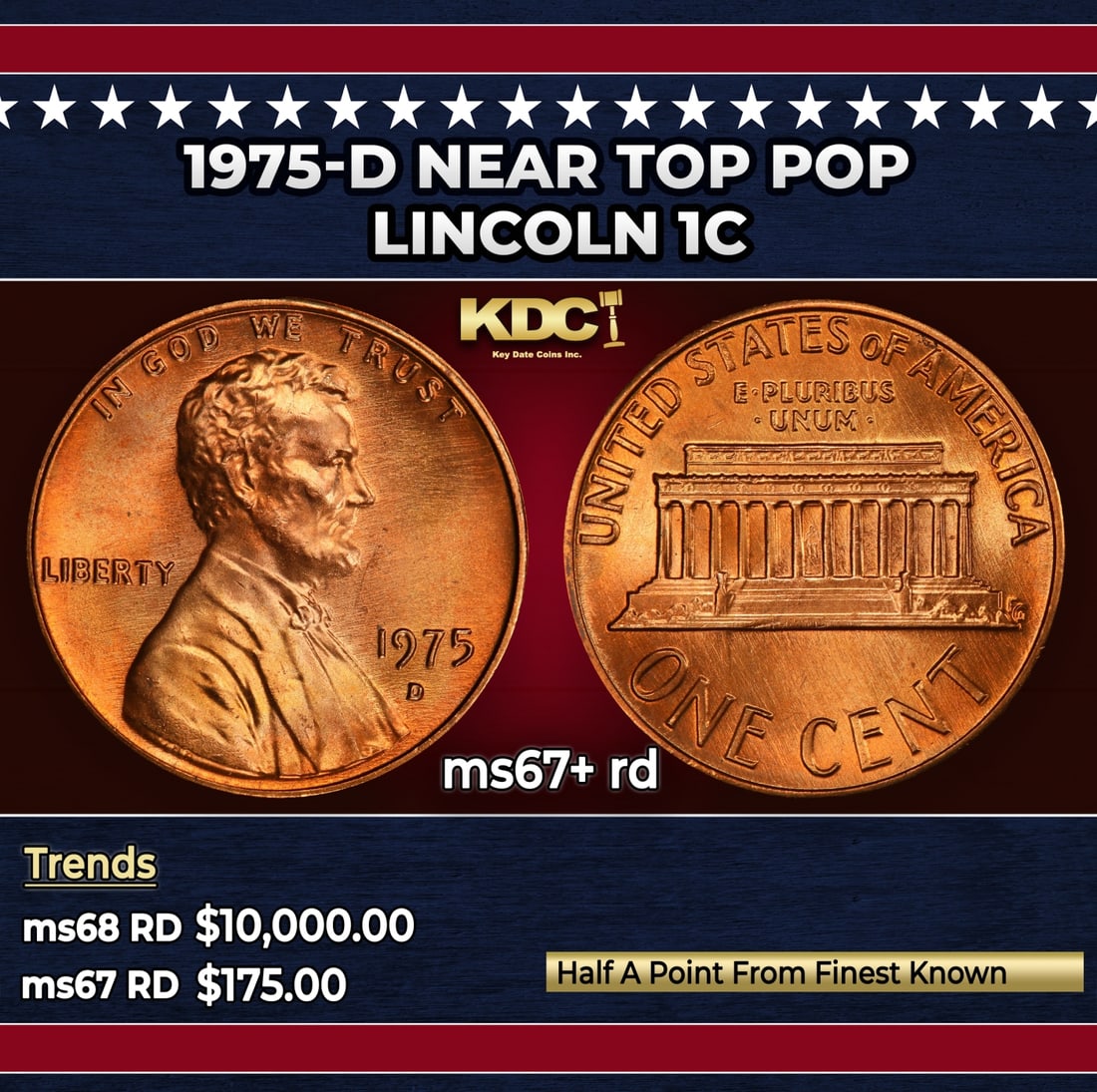 1975-d Lincoln Cent Near Top Pop 1c ms67+ rd SEGS (1 of 3)