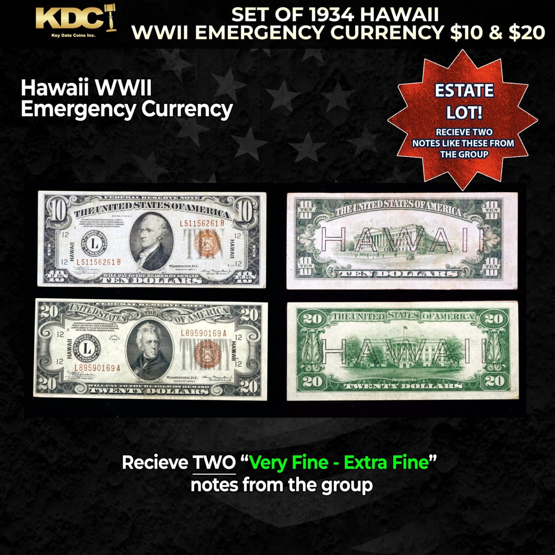 Set of 1934 Hawaii WWII Emergency Currency $10 & $20 Grades VF/XF (1 of 1)