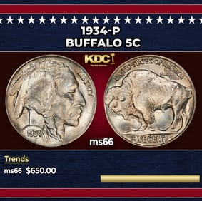 1934-p Buffalo Nickel 5c Grades ms66