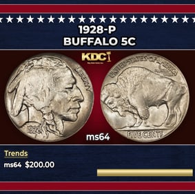 1928-p Buffalo Nickel 5c Grades ms64