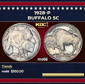 1928-p Buffalo Nickel 5c Grades ms66