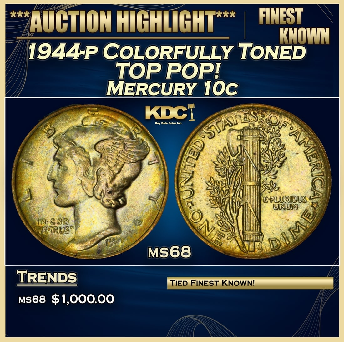 1944-p Mercury Dime Colorfully Toned TOP POP! 10c ms68 SEGS (1 of 3)