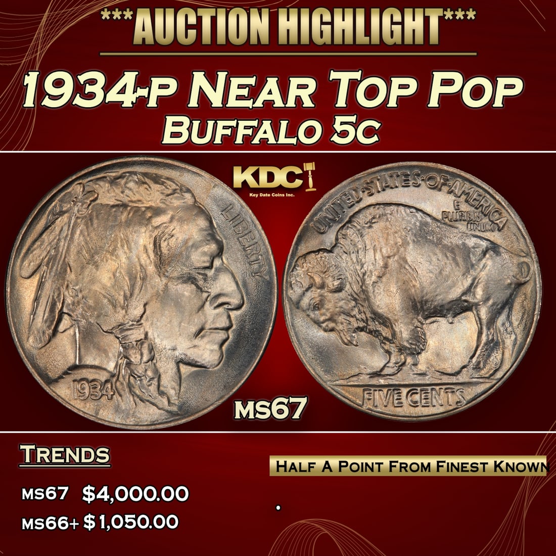 1934-p Buffalo Nickel Near Top Pop 5c ms67 SEGS (1 of 3)