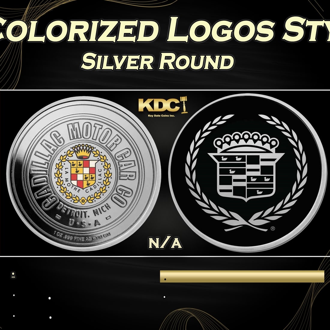 Cadillac 1906 & 1963 Colorized Logos Style - 1 oz Silver Round Round: Cadillac 1906 & 1963 Colorized Logos Style - 1 oz Silver Round. Celebrate the ultimate American luxury car brand with this beautiful 1oz Silver round featuring the original 1906 logo colorized on the