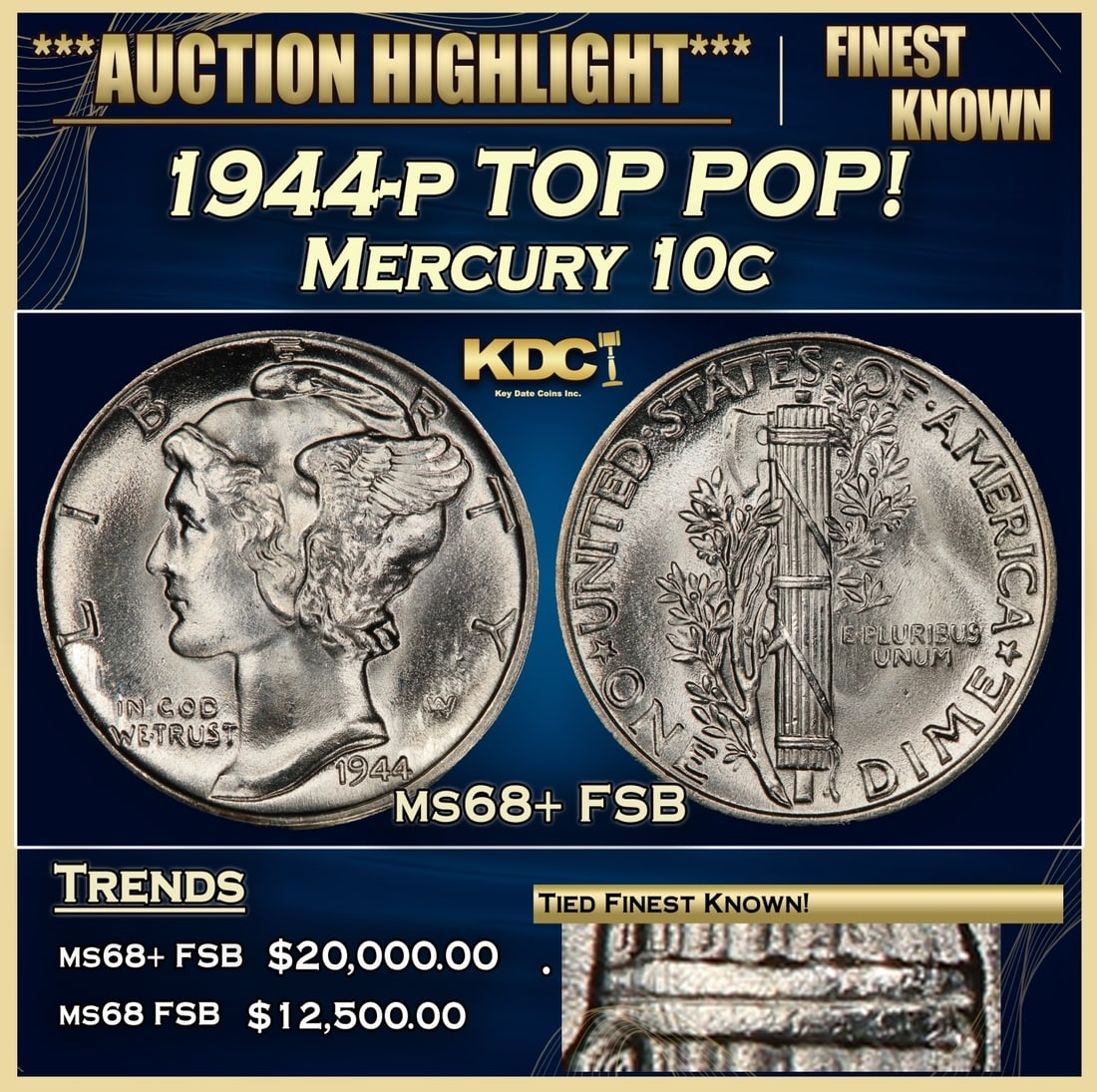 1944-p Mercury Dime TOP POP! 10c ms68+ FSB SEGS (1 of 4)