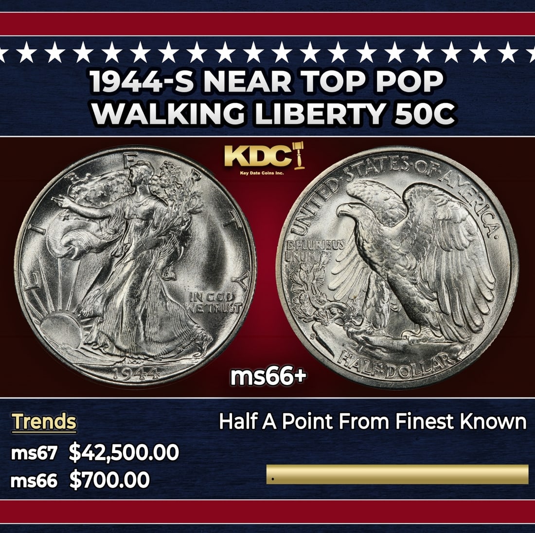 1944-s Walking Liberty Half Dollar Near Top Pop 50c ms66+ SEGS (1 of 3)