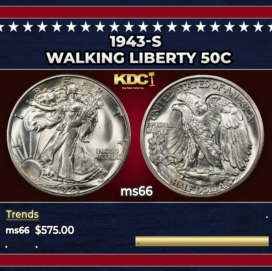 1943-s Walking Liberty Half Dollar 50c Grades ms66 (1 of 3)