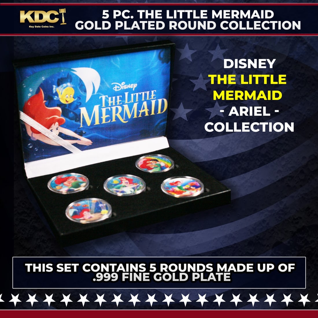 5 Coin Disney The Little Mermaid Gold Plated Round Collection: 5 Coin Disney The Little Mermaid Gold Plated Round Collection. 5 Pc. The Little Mermaid Gold Plated Round Collection. This set contains 5 rounds made up of .999 Fine Gold Plate from Disney's "The Litt