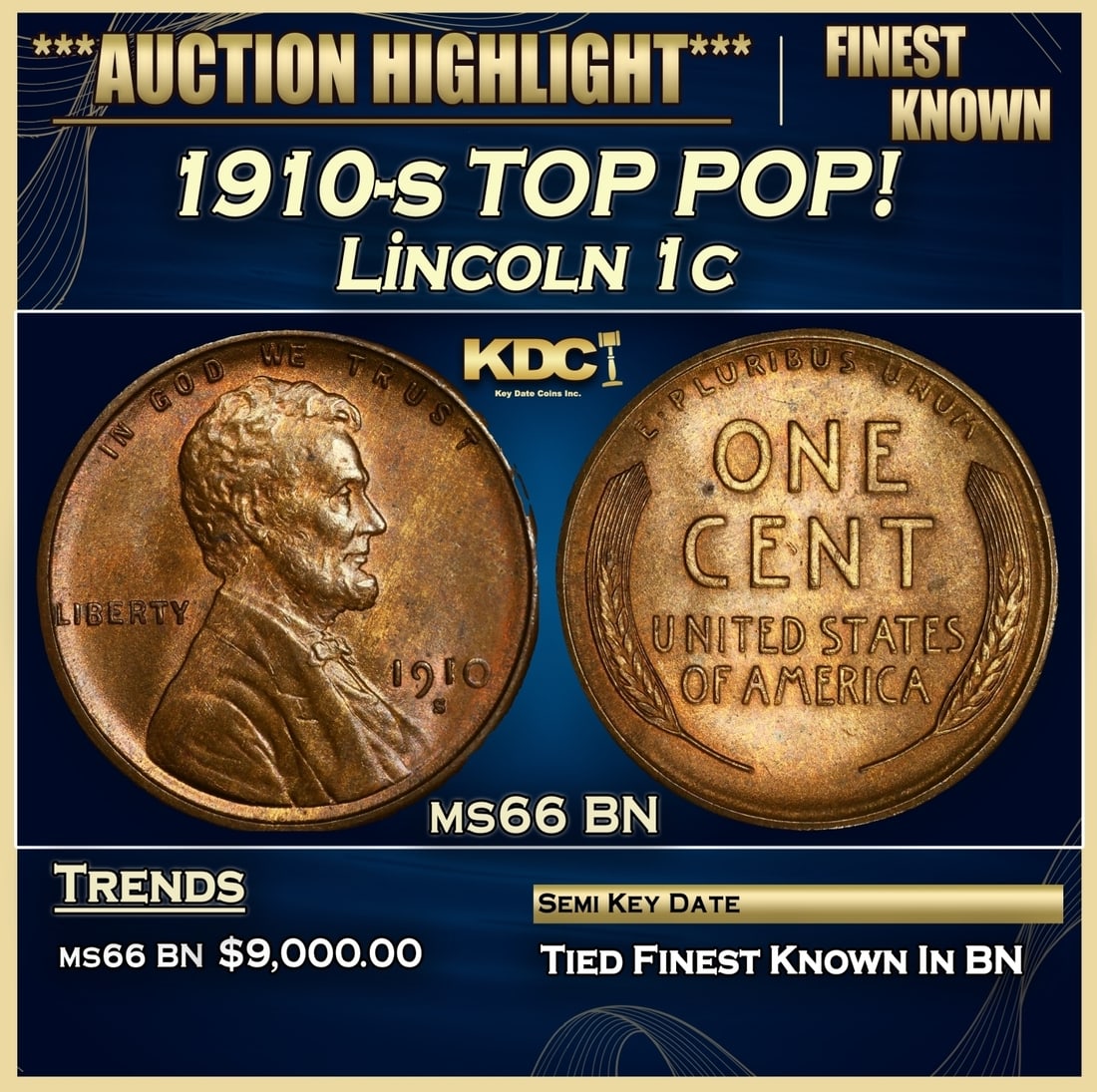 1910-s Lincoln Cent TOP POP! 1c ms66 BN SEGS (1 of 3)