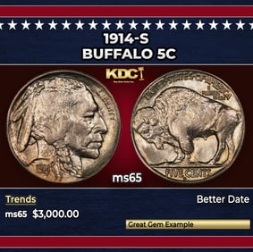 1914-s Buffalo Nickel 5c ms65 SEGS