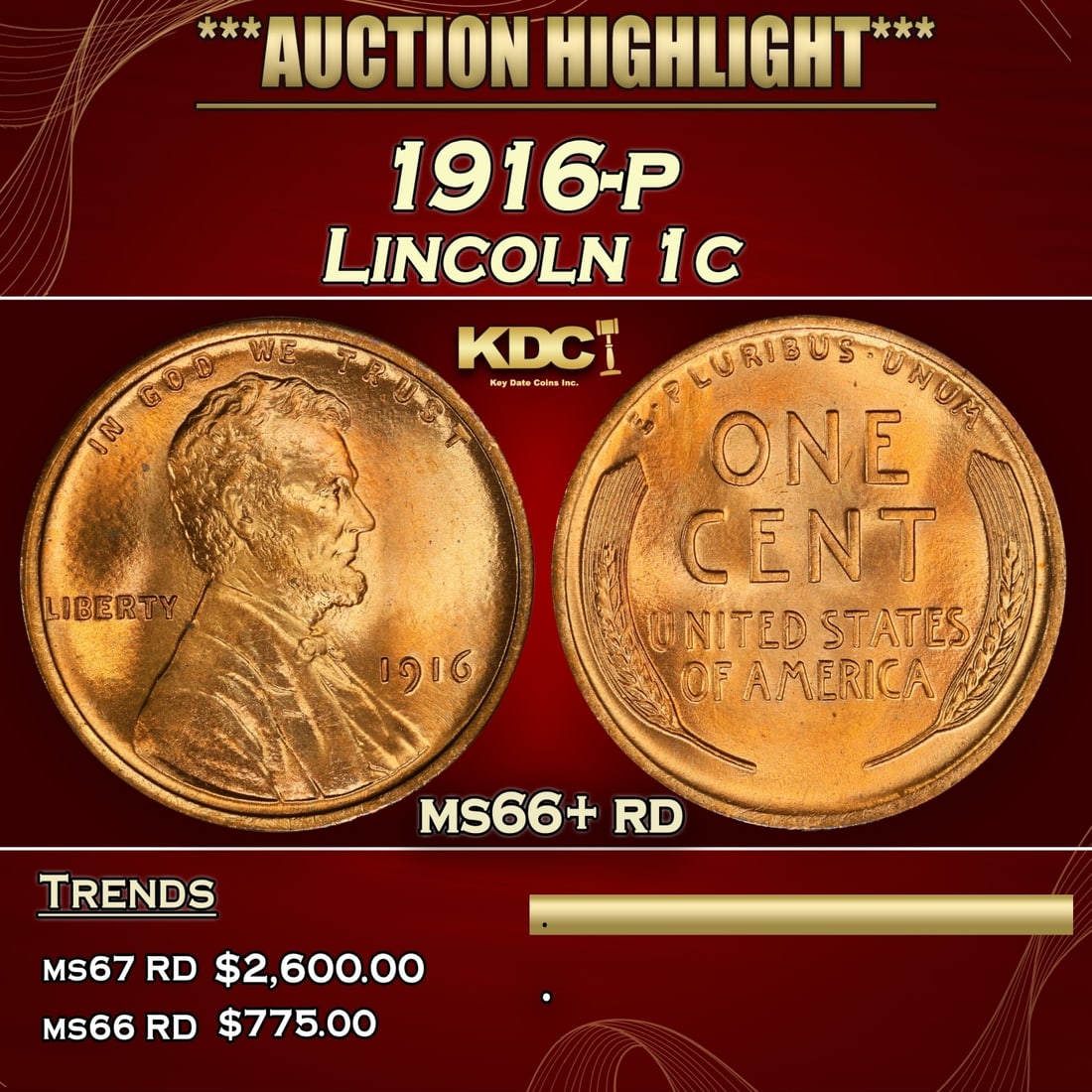 1916-p Lincoln Cent 1c ms66+ rd SEGS (1 of 3)
