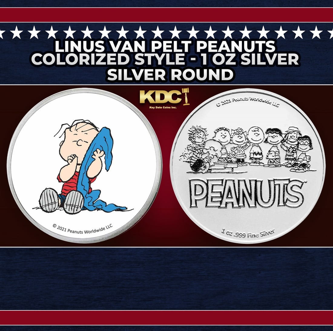 Linus Van Pelt Peanuts Colorized Style - 1 oz Silver Round Round: Linus Van Pelt Peanuts Colorized Style - 1 oz Silver Round.