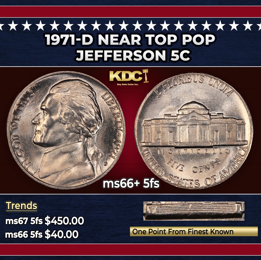 1971-d Jefferson Nickel Near Top Pop 5c ms66+ 5fs SEGS: 1971-d Near Top Pop Jefferson Nickel 5c ms66+ 5fs SEGS.