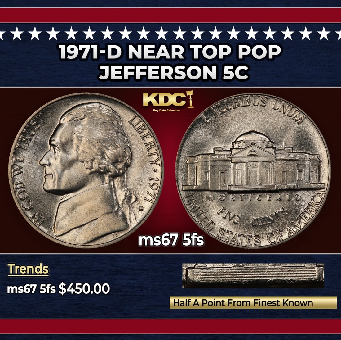 1971-d Jefferson Nickel Near Top Pop 5c ms67 5fs SEGS: 1971-d Near Top Pop Jefferson Nickel 5c ms67 5fs SEGS.