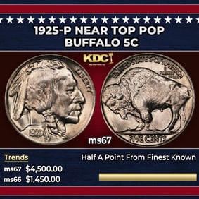 1925-p Buffalo Nickel Near Top Pop 5c ms67 SEGS