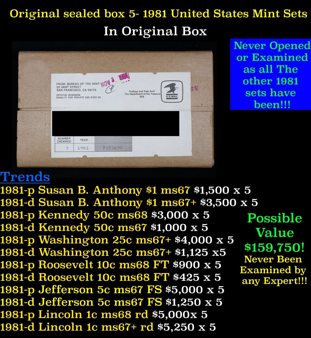 Original sealed box 5- 1981 United States Mint Sets: Original sealed box 5- 1981 United States Mint Sets.