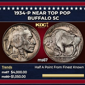 1934-p Buffalo Nickel Near Top Pop 5c ms67 SEGS