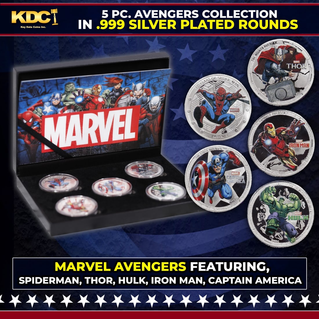 5 Coin Marvel Disney Avengers Silver Plated Round Collection Spider-Man, Hulk, Captain America, (1 of 4)