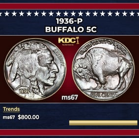 1936-p Buffalo Nickel 5c ms67 SEGS