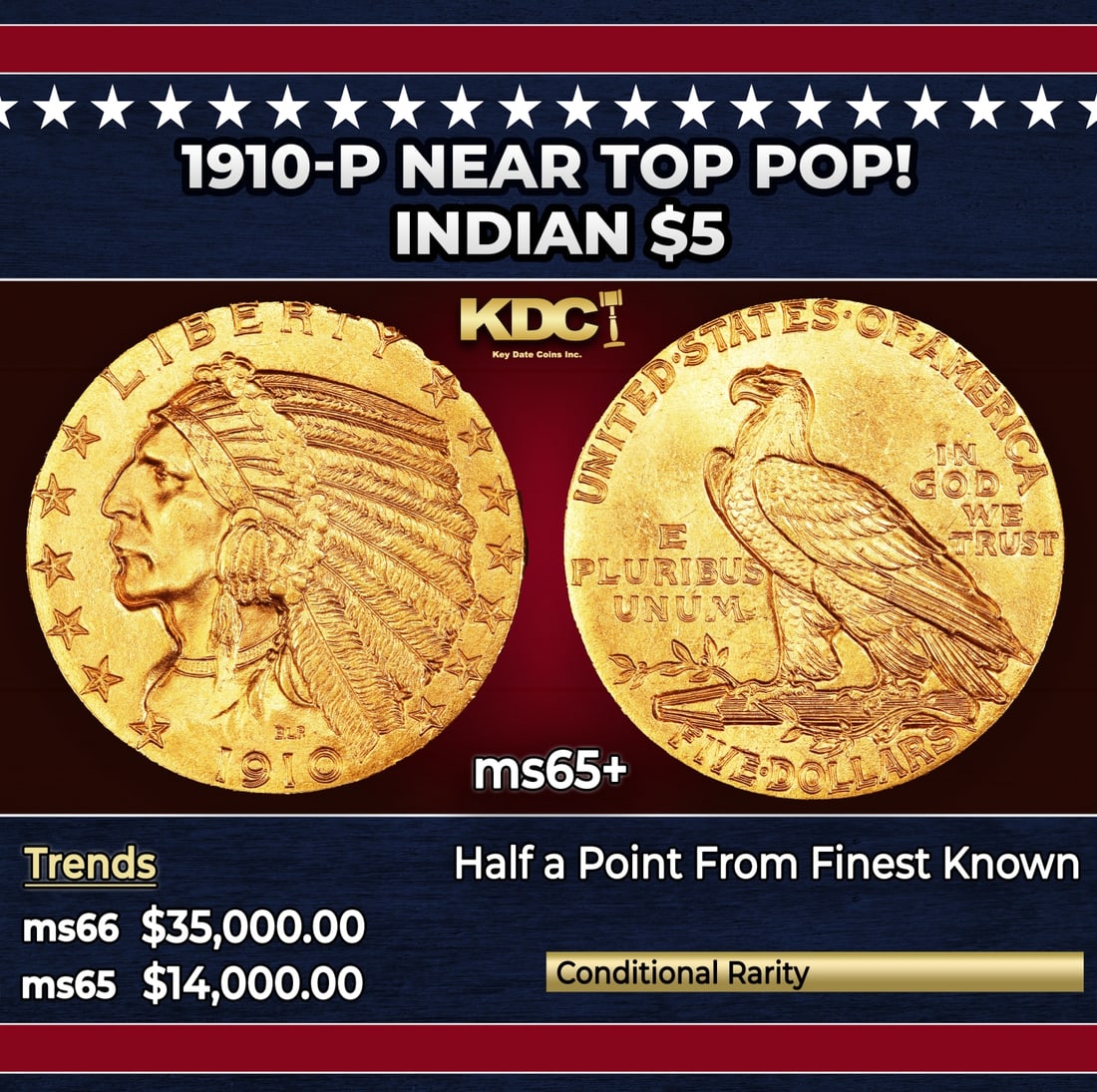 1910-p Gold Indian Half Eagle Near Top Pop! $5 ms65+ USCG: 1910-p Near Top Pop! Gold Indian Half Eagle $5 ms65+ USCG. A condition rarity at this lofty Gem level, with radiant yellow-gold luster on the obverse and reverse. The strike is strong and no softness 