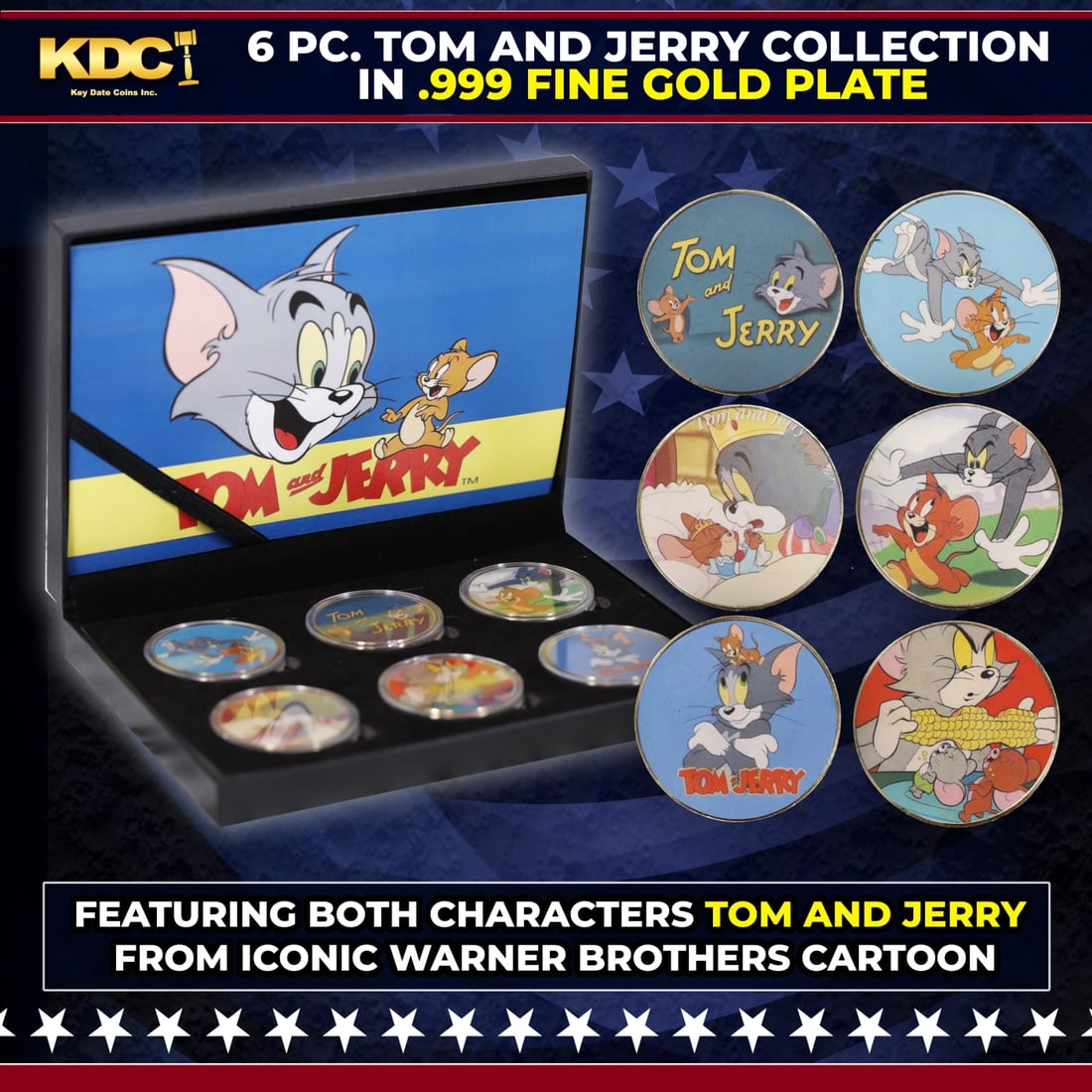 6 Coin Tom and Jerry Gold Plated Round Collection: 6 Coin Tom and Jerry Gold Plated Round Collection.