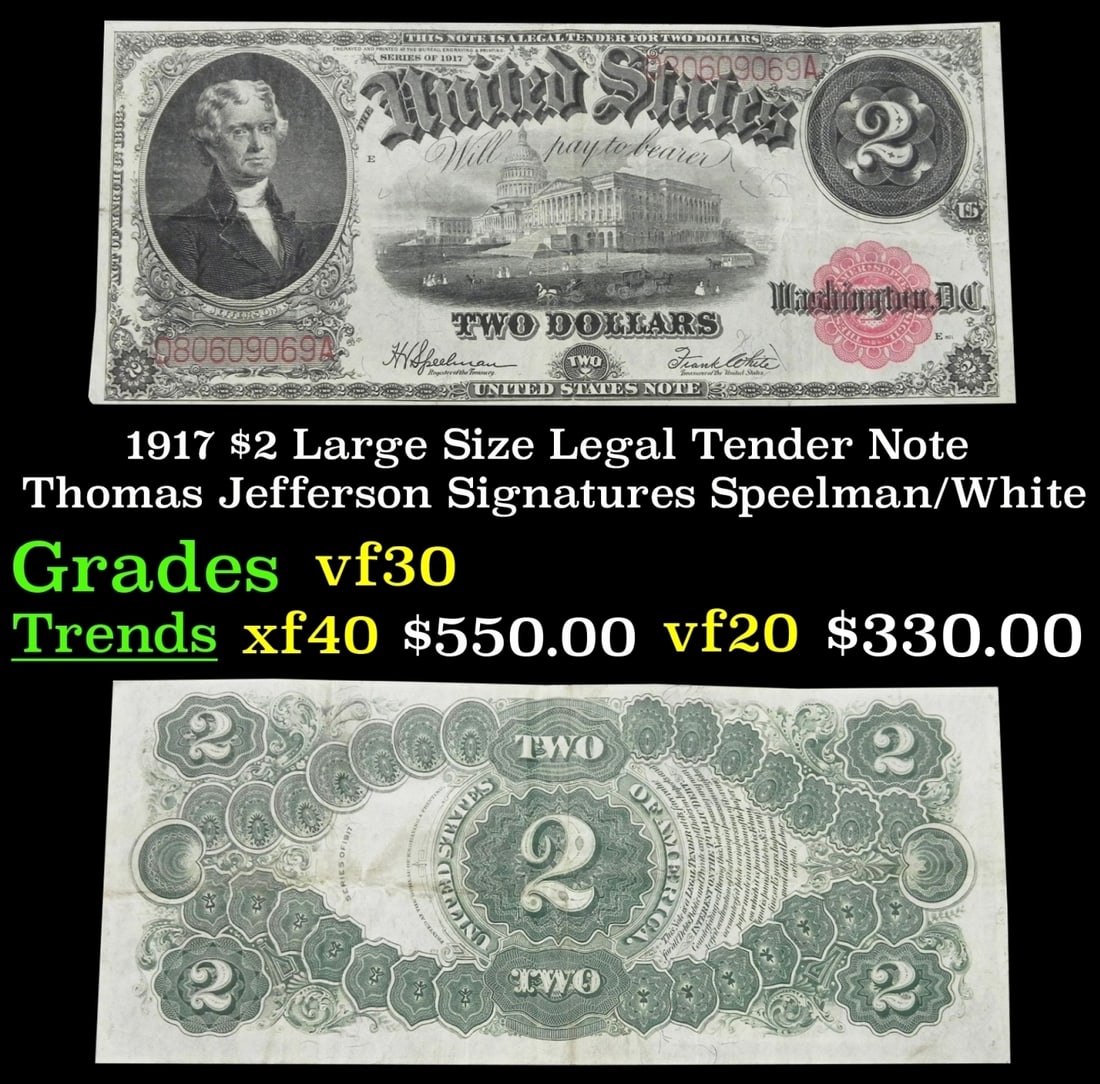 1917 $2 Large Size Legal Tender Note Thomas Jefferson Grades vf++ Signatures Speelman/White (1 of 3)