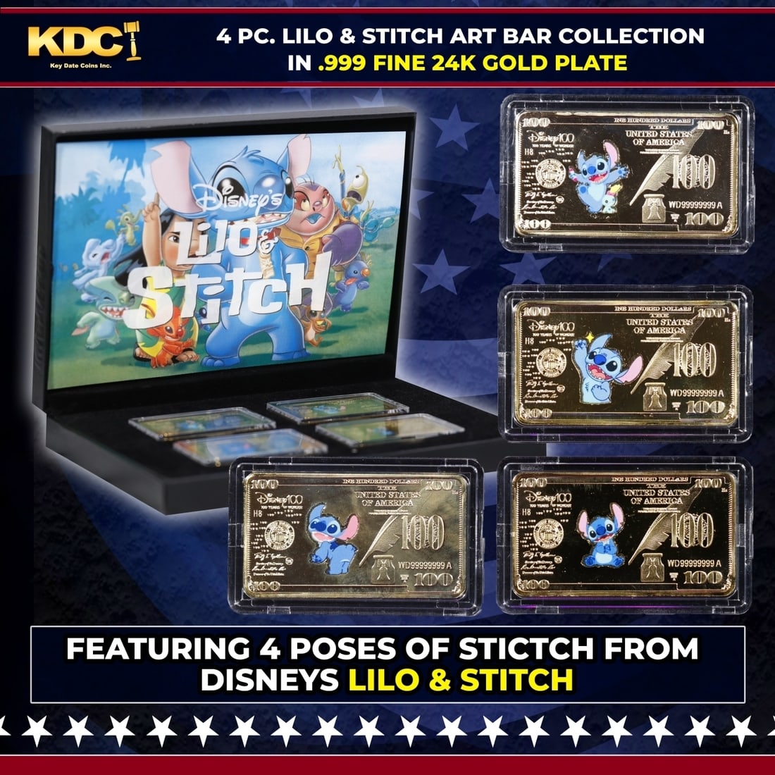 4 PC. Disney Lilo & Stitch Gold Plated Art Bar Collection In Custom Box W/ Special Backer card: 4 PC. Disney Lilo & Stitch Gold Plated Art Bar Collection In Custom Box W/ Special Backer card.