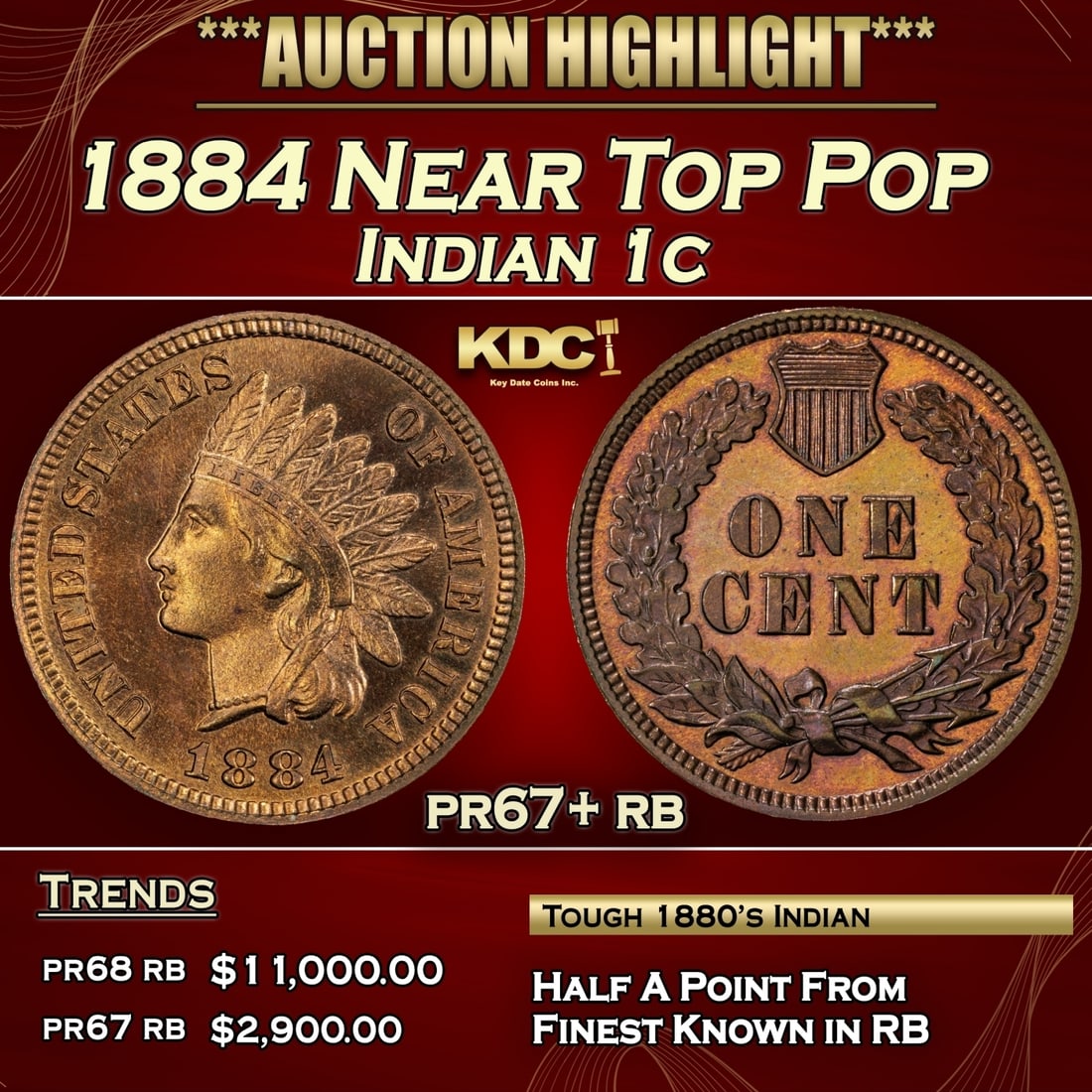 1884 Proof Indian Cent Near Top Pop 1c pr67+ rb SEGS (1 of 3)