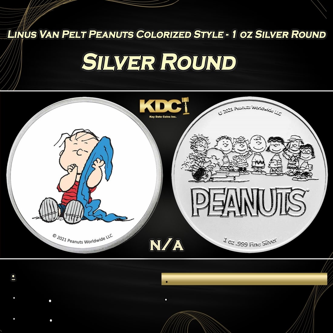 Linus Van Pelt Peanuts Colorized Style - 1 oz Silver Round Round: Linus Van Pelt Peanuts Colorized Style - 1 oz Silver Round. Now you can collect all of the classic Peanuts characters on these officially licensed colorized silver rounds! Contains 1oz of .999 Fine Si