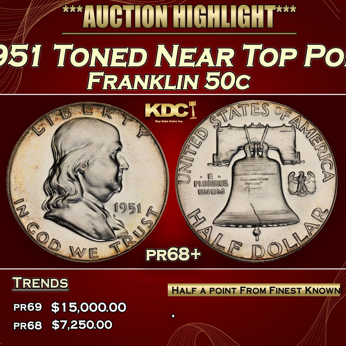 1951 Proof Franklin Half Dollar Toned Near Top Pop 50c pr68+ SEGS (1 of 3)