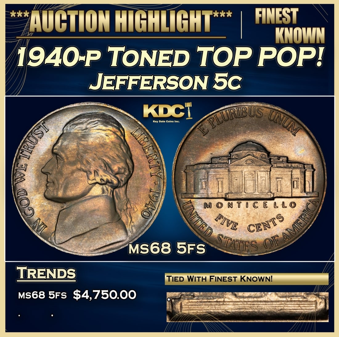 1940-p Jefferson Nickel Toned TOP POP! 5c ms68 5fs SEGS (1 of 4)