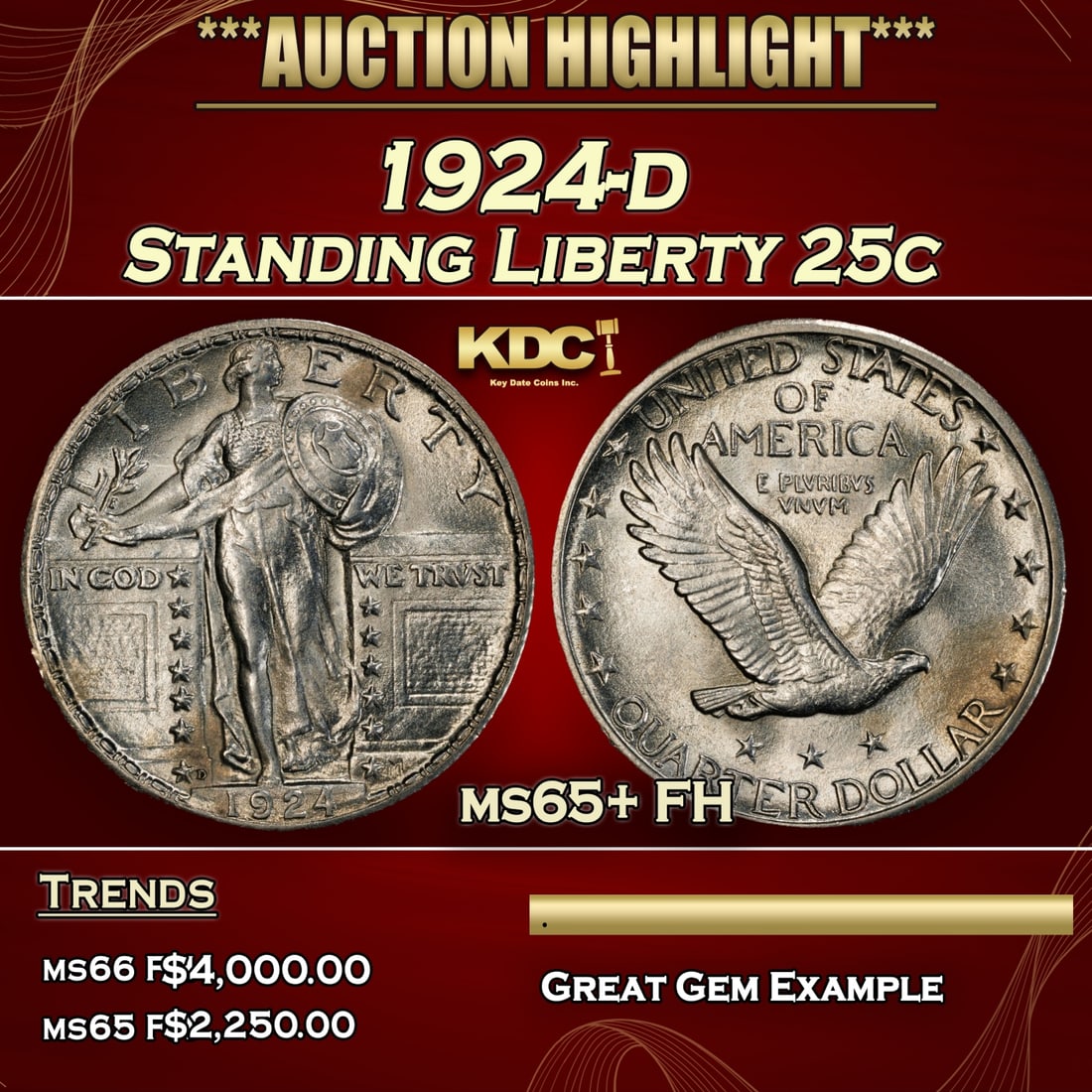 1924-d Standing Liberty Quarter 25c ms65+ FH SEGS (1 of 3)