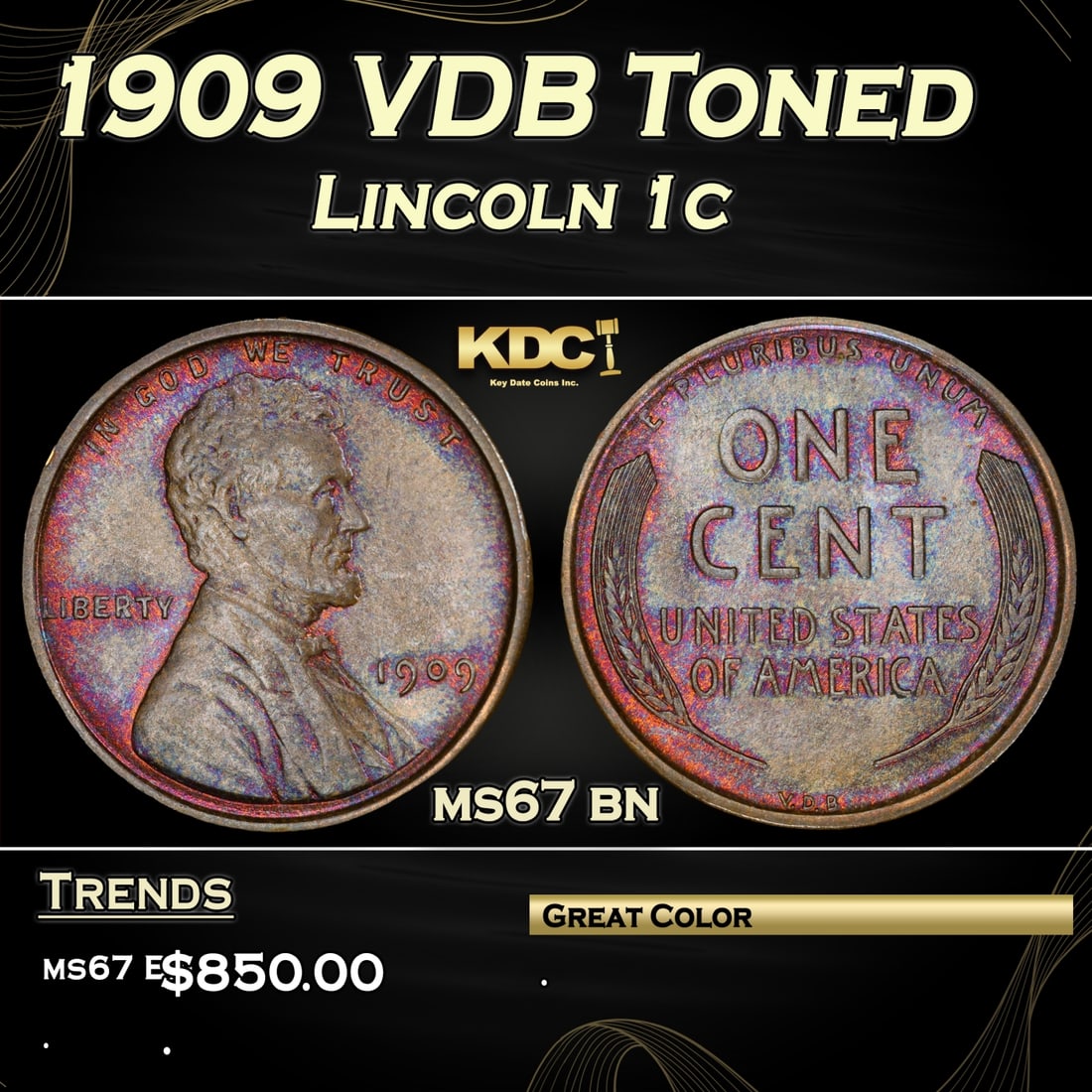1909 VDB Lincoln Cent Toned 1c ms67 bn SEGS (1 of 3)