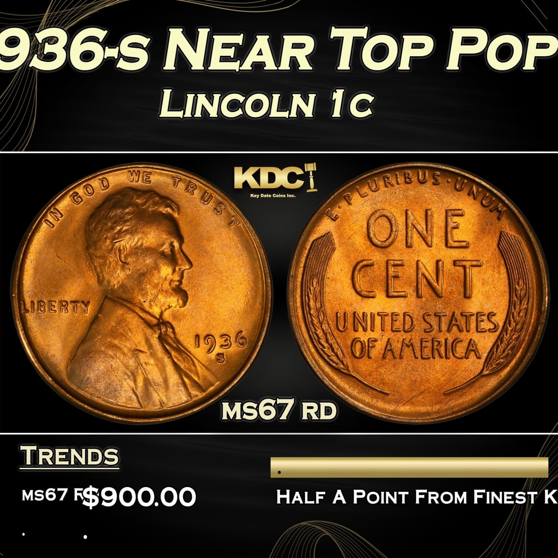 1936-s Lincoln Cent Near Top Pop 1c ms67 rd SEGS (1 of 3)