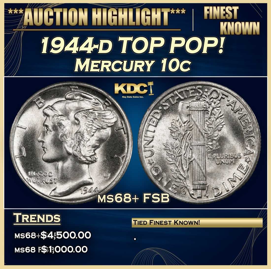 1944-d Mercury Dime TOP POP! 10c ms68+ FSB SEGS: 1944-d TOP POP! Mercury Dime 10c ms68+ FSB SEGS.