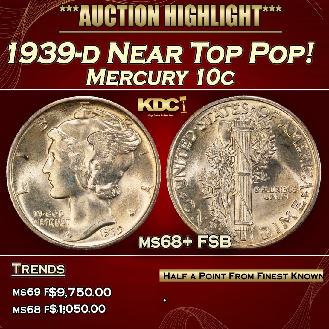 1939-d Mercury Dime Near Top Pop! 10c ms68+ FSB SEGS (1 of 4)