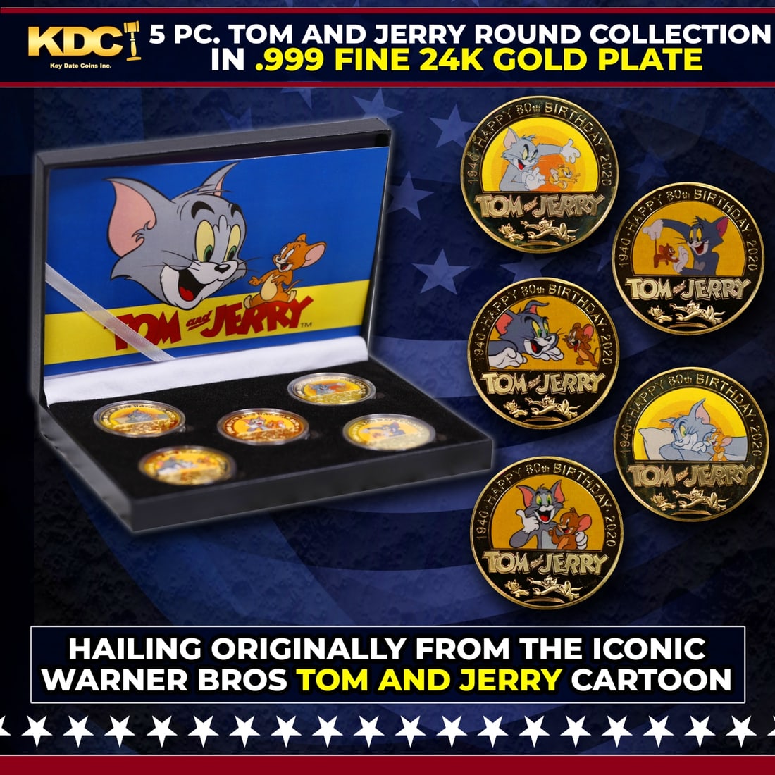 5 Coin Tom and Jerry Gold Plated Round Collection: 5 Coin Tom and Jerry Gold Plated Round Collection.