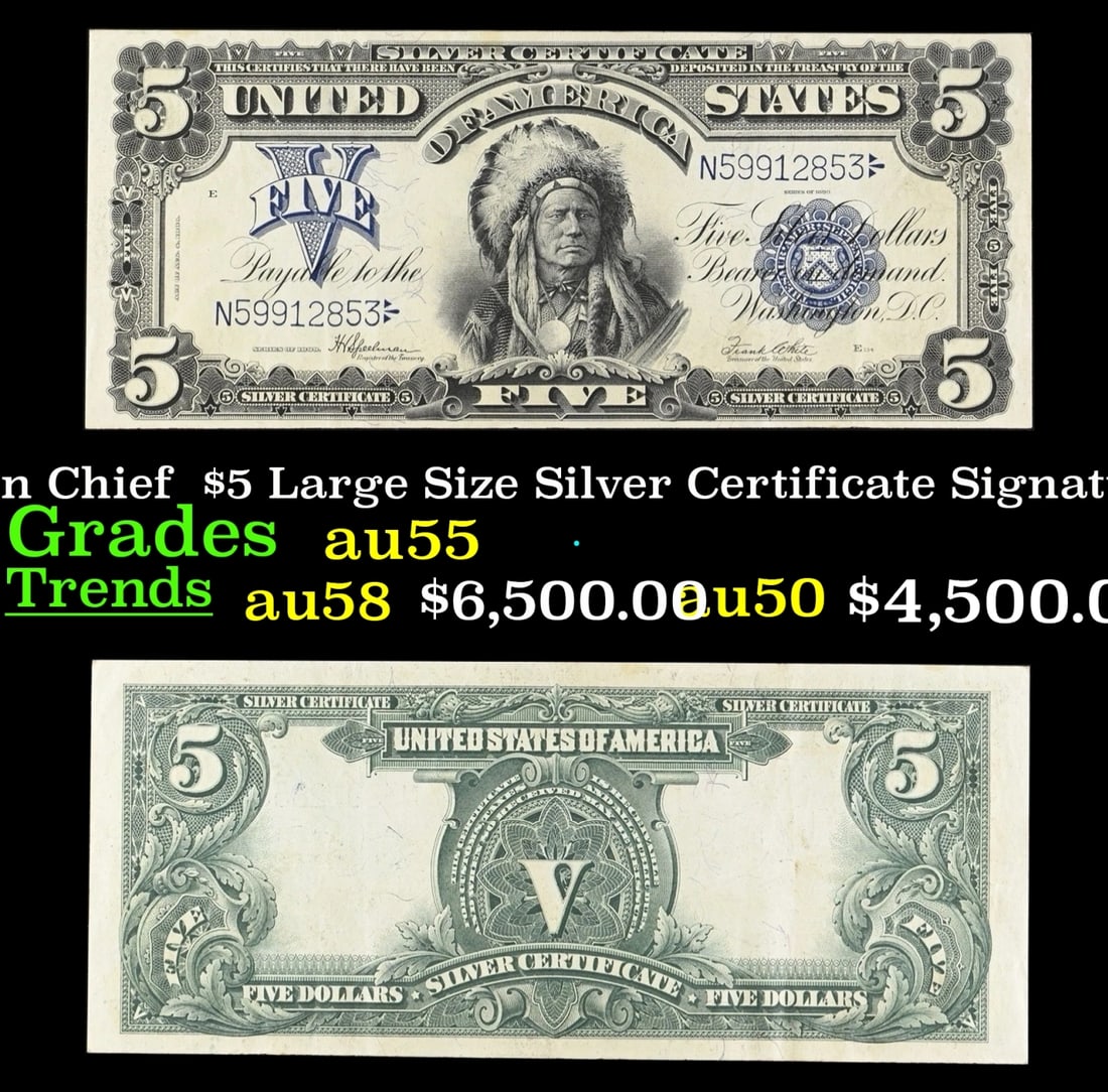 1899 $5 Large Size Silver Certificate Oncpapa Indian Chief  Grades Choice AU Signatures (1 of 3)