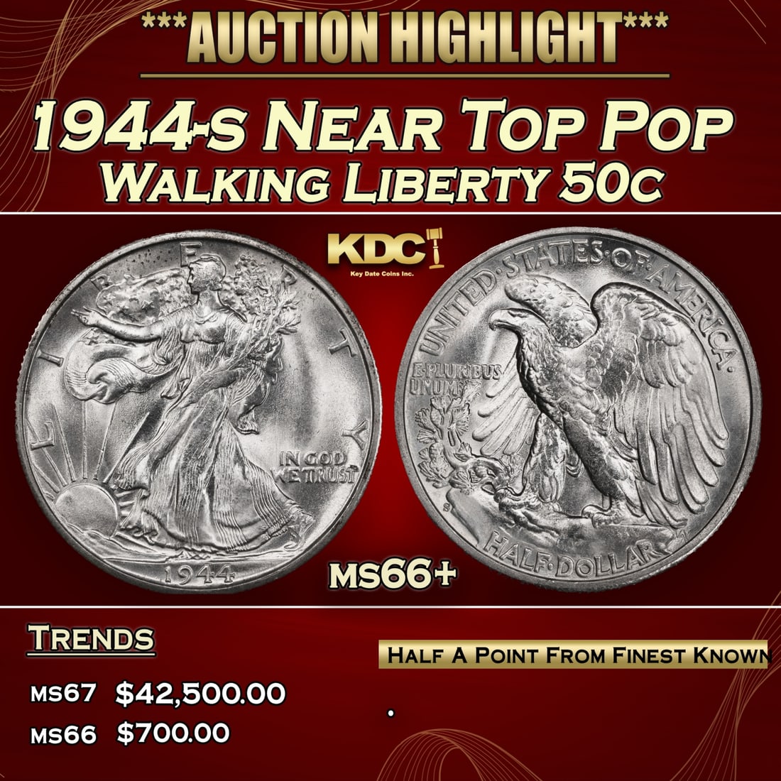 1944-s Walking Liberty Half Dollar Near Top Pop 50c ms66+ SEGS (1 of 3)