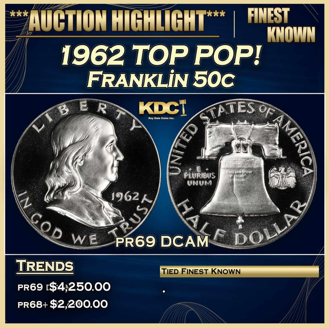 1962 Proof Franklin Half Dollar TOP POP! 50c pr69 DCAM SEGS: 1962 TOP POP! Franklin Half Dollar 50c pr69 DCAM SEGS.