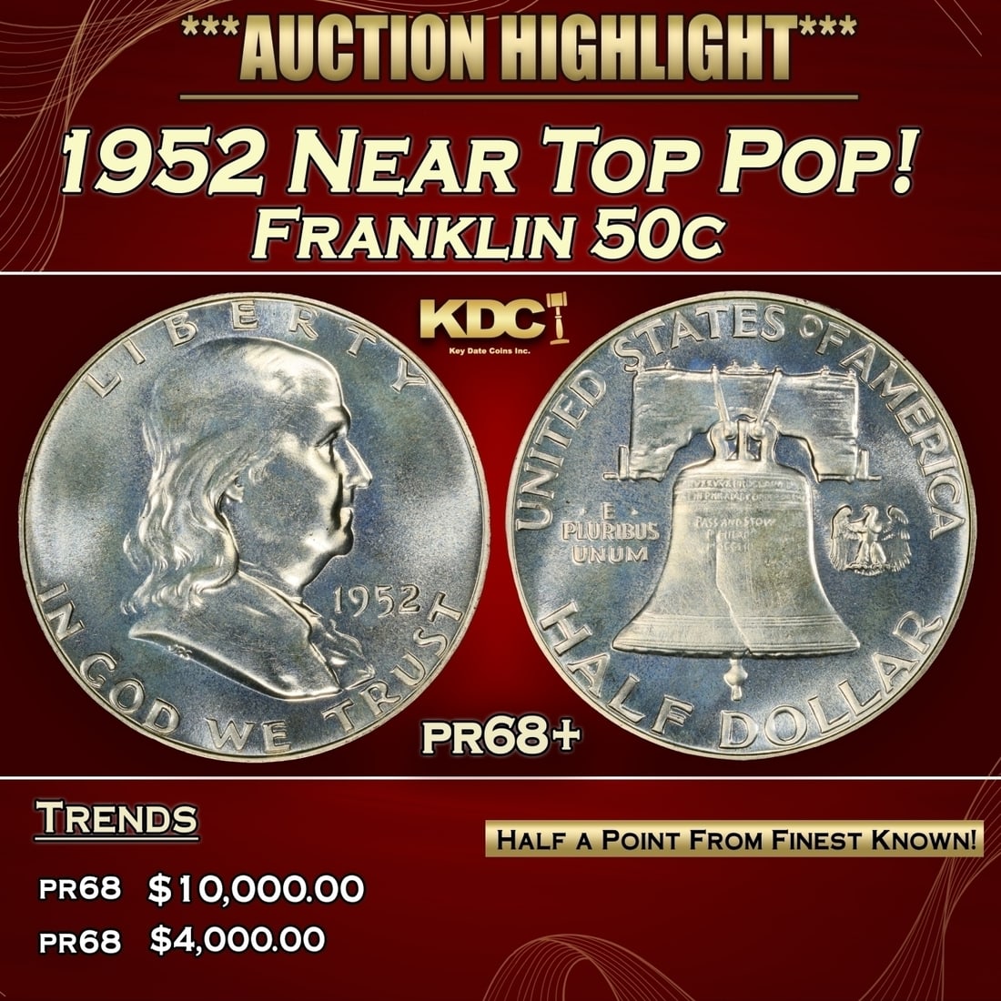 1952 Proof Franklin Half Dollar Near Top Pop! 50c pr68+ SEGS (1 of 3)