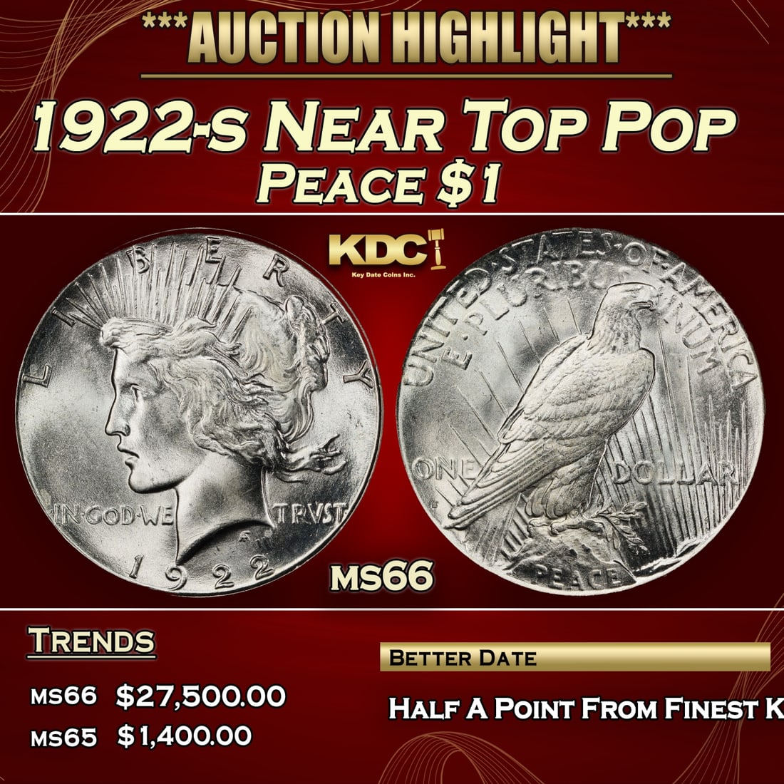 1922-s Peace Dollar Near Top Pop $1 ms66 SEGS (1 of 3)