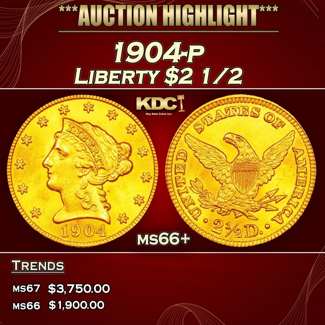 1904-p Gold Liberty Quarter Eagle $2 1/2 ms66+ SEGS (1 of 3)