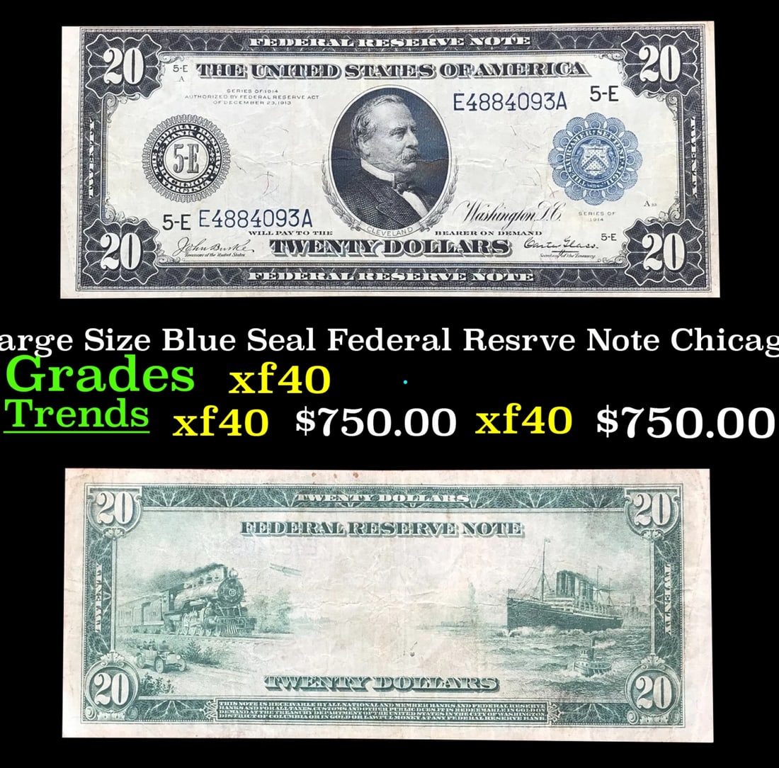 1914 $20 Large Size Blue Seal Federal Resrve Note Chicago, IL Grades xf FR-988 (1 of 3)