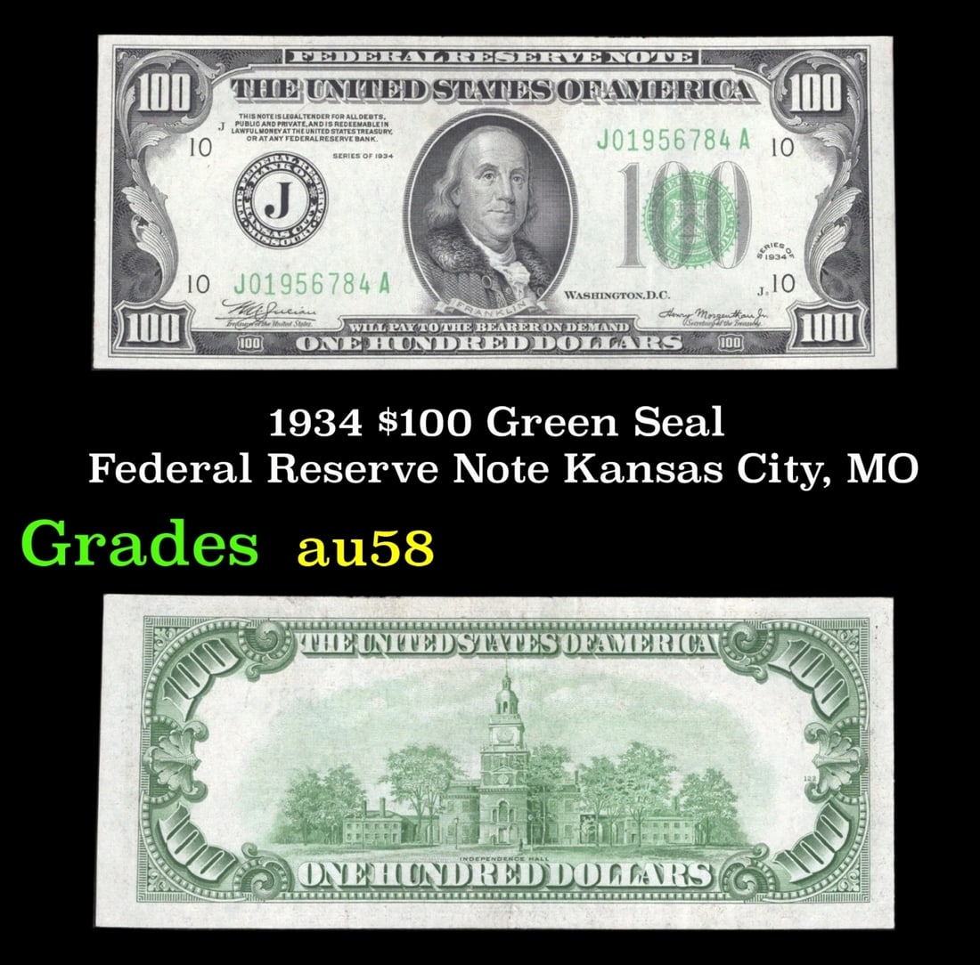 1934 $100 Green Seal Federal Reserve Note Kansas City, MO Grades Choice AU/BU Slider (1 of 3)