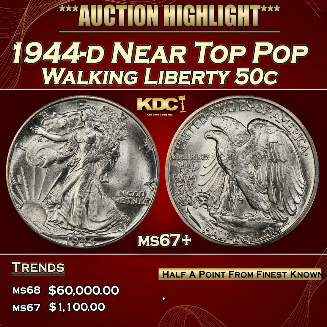 1944-d Walking Liberty Half Dollar Near Top Pop 50c ms67+ SEGS (1 of 3)